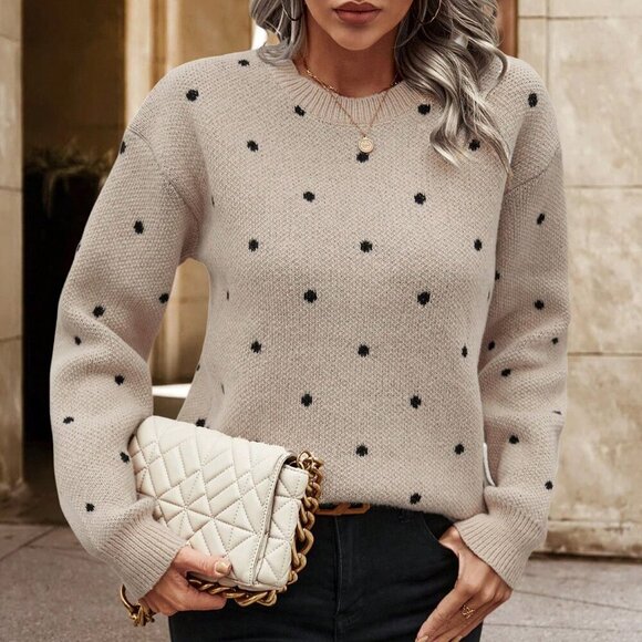 Khaki Casual Women's Polka Dot Pattern Drop Shoulder knit Sweater top - Picture 5 of 6